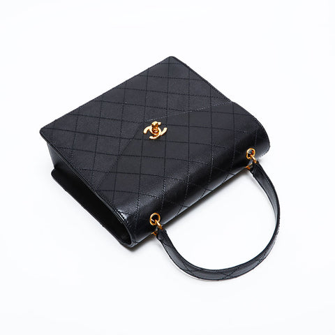 CHANEL 第五系列 1997-1999 鱼子酱凯莉风格百搭缝线顶部手柄手提包 黑色 WS22041