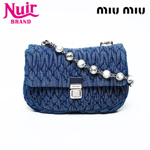 Miu Miu Denim Matelasse Crystal Mini Shoulder Bag Navy WS22073