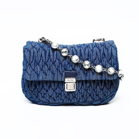 Miu Miu Denim Matelasse Crystal Mini Shoulder Bag Navy WS22073