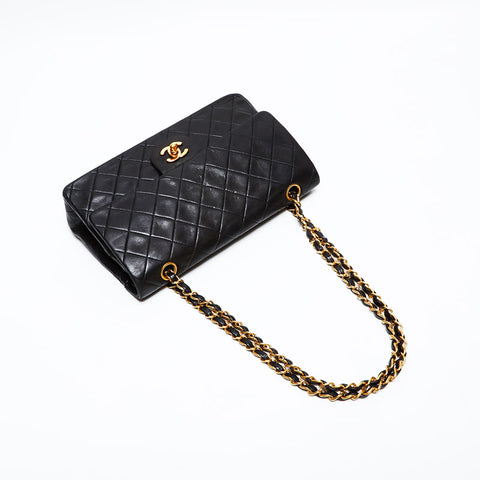 CHANEL No. 2 1991-1994 Lambskin Matelasse 9.8" Double Flap Shoulder Bag black WS22078