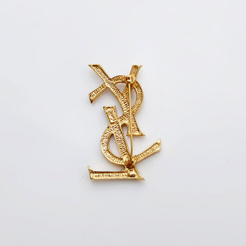 イヴ・サンローラン YVES SAINT LAURENT ラインストーン ロゴ ブローチ ゴールド WS22092