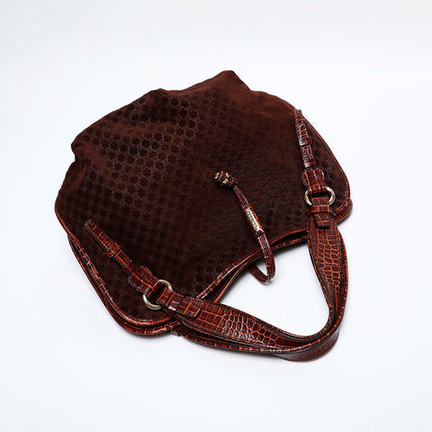 CELINE Suede Bittersweet Embossed Leather Handbag Brown WS22144