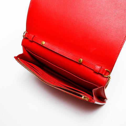 CELINE Leather Frame Chain Shoulder Bag Red beige WS22157