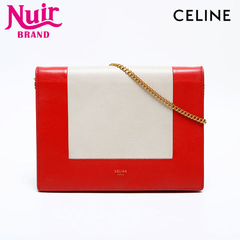 CELINE Leather Frame Chain Shoulder Bag Red beige WS22157