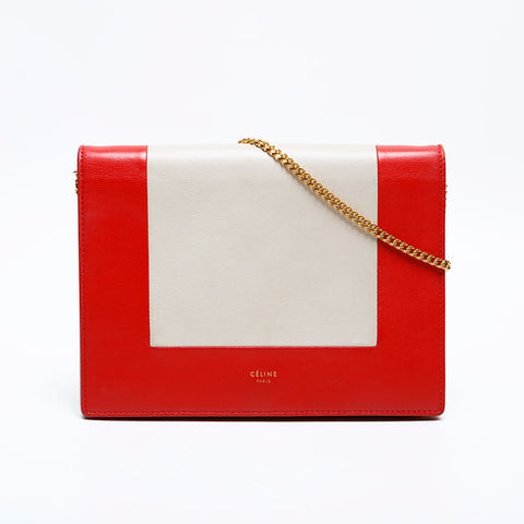 CELINE Leather Frame Chain Shoulder Bag Red beige WS22157
