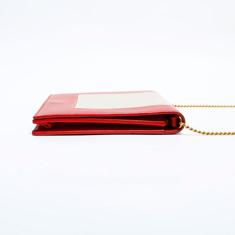 CELINE Leather Frame Chain Shoulder Bag Red beige WS22157