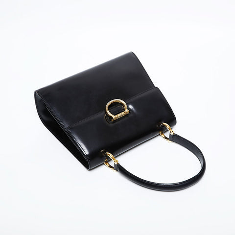 セリーヌ CELINE レザー トップハンドル ガンチーニ フラップ ハンドバッグ ブラック WS22171