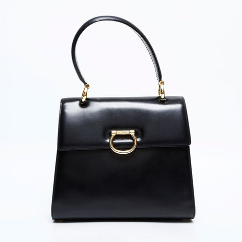 セリーヌ CELINE レザー トップハンドル ガンチーニ フラップ ハンドバッグ ブラック WS22171