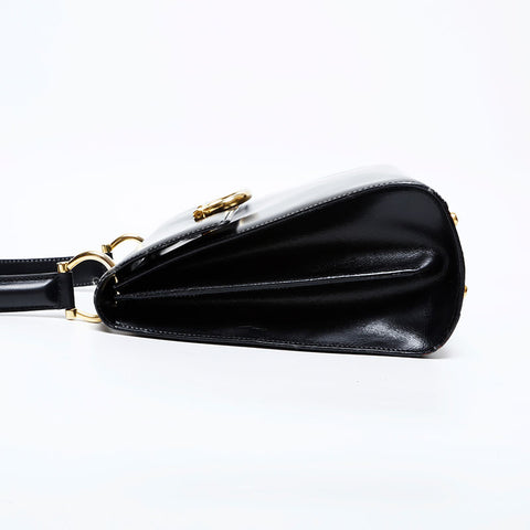 セリーヌ CELINE レザー トップハンドル ガンチーニ フラップ ハンドバッグ ブラック WS22171