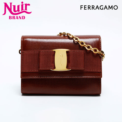 Salvatore Ferragamo Vara Embossed Leather Chain Mini Shoulder Bag Brown WS22172