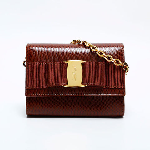 Salvatore Ferragamo Vara Embossed Leather Chain Mini Shoulder Bag Brown WS22172