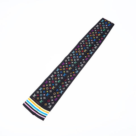 極美品 ルイ・ヴィトン LOUIS VUITTON シルク マルチカラー モノグラム タイ リボン バンドー スカーフ ブラック WS22192