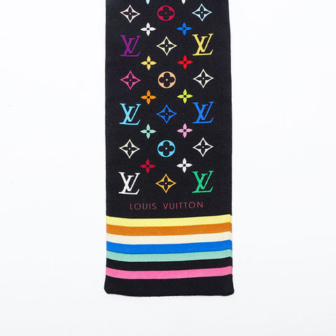 極美品 ルイ・ヴィトン LOUIS VUITTON シルク マルチカラー モノグラム タイ リボン バンドー スカーフ ブラック WS22192