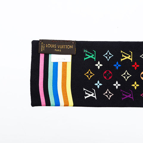 極美品 ルイ・ヴィトン LOUIS VUITTON シルク マルチカラー モノグラム タイ リボン バンドー スカーフ ブラック WS22192