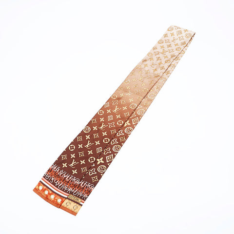 極美品 ルイ・ヴィトン LOUIS VUITTON シルク モノグラム タイ リボン バンドー スカーフ ブラウン WS22193