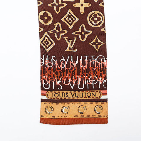 極美品 ルイ・ヴィトン LOUIS VUITTON シルク モノグラム タイ リボン バンドー スカーフ ブラウン WS22193
