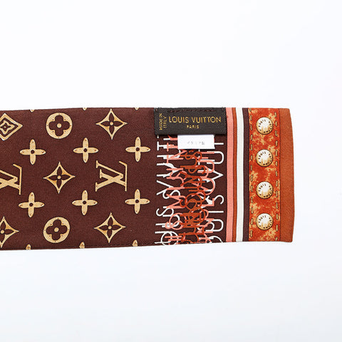極美品 ルイ・ヴィトン LOUIS VUITTON シルク モノグラム タイ リボン バンドー スカーフ ブラウン WS22193