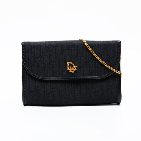 極美品 クリスチャンディオール Christian Dior トロッター キャンバス チェーン ショルダーバッグ ブラック WS22212