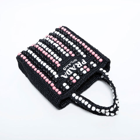 PRADA Raffia Wood Beads Logo Crochet Handbag black WS22239