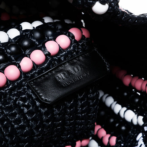 プラダ PRADA ラフィア ウッドビーズ ロゴ クロシェ編み ハンドバッグ ブラック WS22239