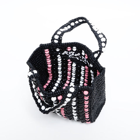 PRADA Raffia Wood Beads Logo Crochet Handbag black WS22239