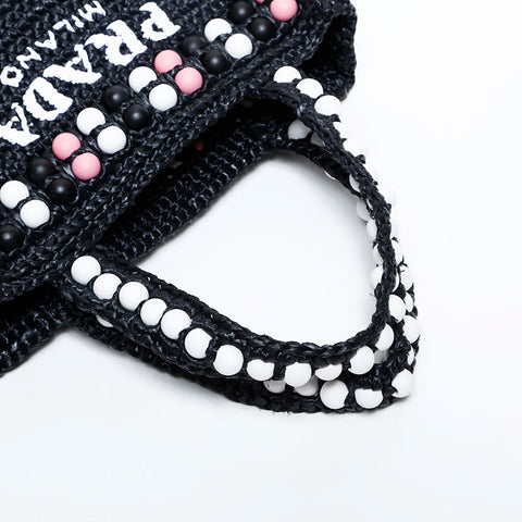 PRADA Raffia Wood Beads Logo Crochet Handbag black WS22239