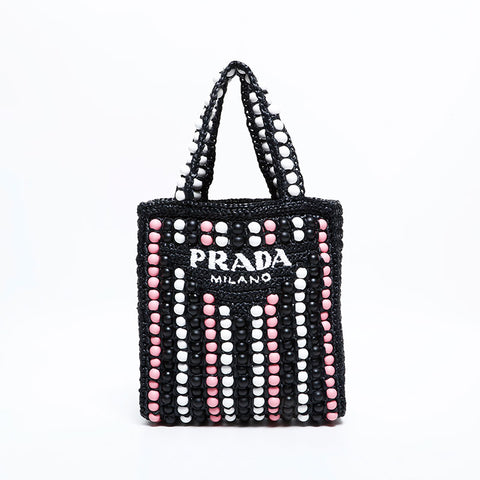 PRADA Raffia Wood Beads Logo Crochet Handbag black WS22239