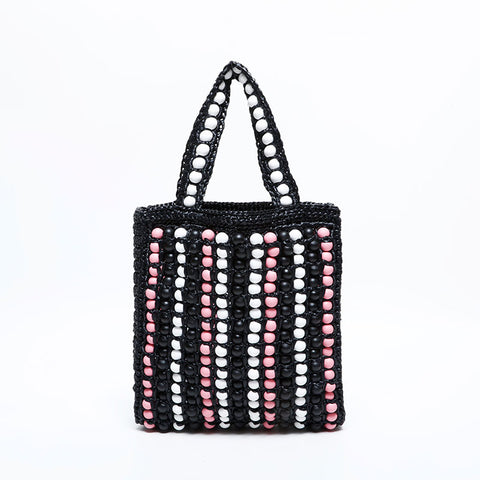 プラダ PRADA ラフィア ウッドビーズ ロゴ クロシェ編み ハンドバッグ ブラック WS22239