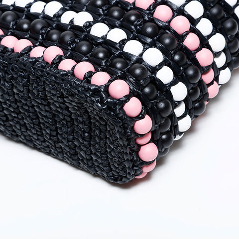 PRADA Raffia Wood Beads Logo Crochet Handbag black WS22239