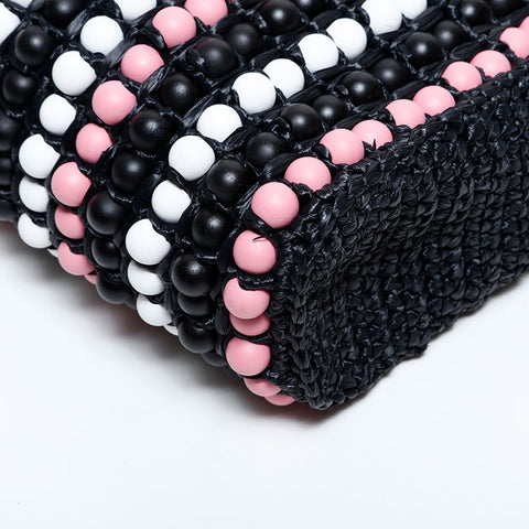 PRADA Raffia Wood Beads Logo Crochet Handbag black WS22239