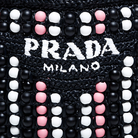 プラダ PRADA ラフィア ウッドビーズ ロゴ クロシェ編み ハンドバッグ ブラック WS22239
