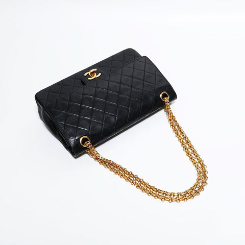 CHANEL Double Flap Matelasse Lambskin Timeless 9.8" Shoulder Bag black WS22291