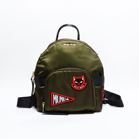Miu Miu Nylon Cat Patch Tessuto Backpack Â· Daypack green WS22296