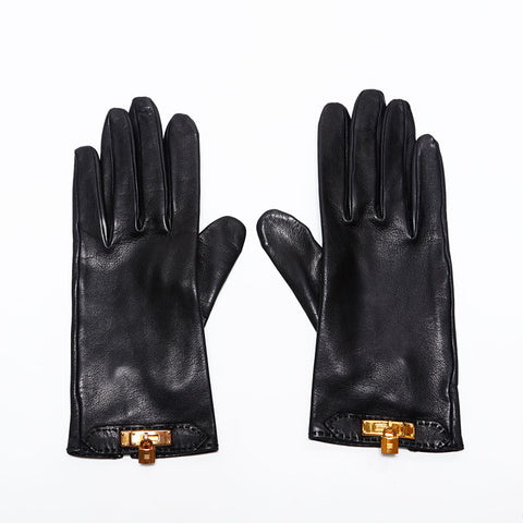 HERMES Lambskin Kelly Leather Size:7 1/2 gloves black WS22328