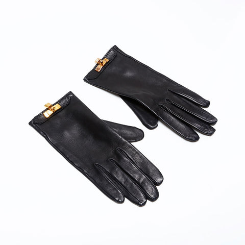 HERMES Lambskin Kelly Leather Size:7 1/2 gloves black WS22328