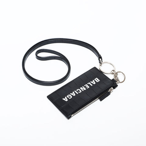 BALENCIAGA Leather Embossed Logo Cash Key Ring Card Case black WS22387