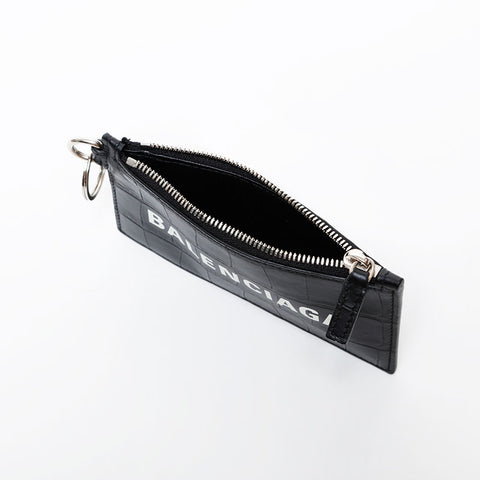 BALENCIAGA Leather Embossed Logo Cash Key Ring Card Case black WS22387