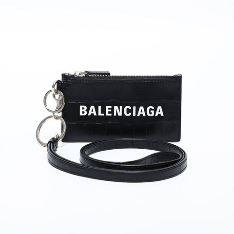 BALENCIAGA Leather Embossed Logo Cash Key Ring Card Case black WS22387