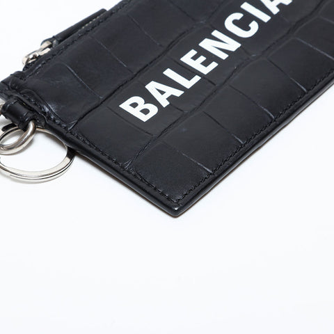 BALENCIAGA Leather Embossed Logo Cash Key Ring Card Case black WS22387