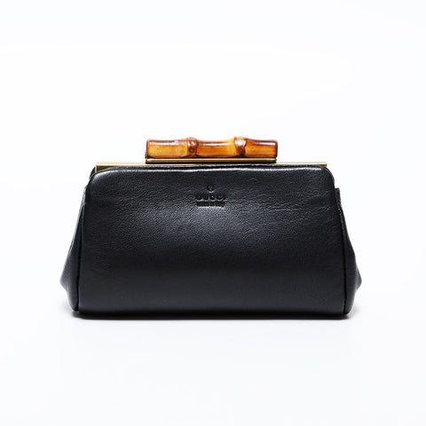 GUCCI Leather Bamboo Pouch Coin case black WS22406