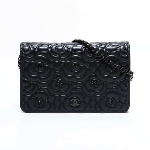 CHANEL No. 24 2017-2018 Camellia Lambskin Chain Wallet Shoulder Bag black WS22415