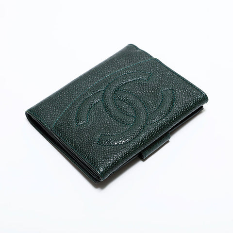 CHANEL No. 4 1996-1997 Caviar COCO Mark Bifold Wallet green WS22430