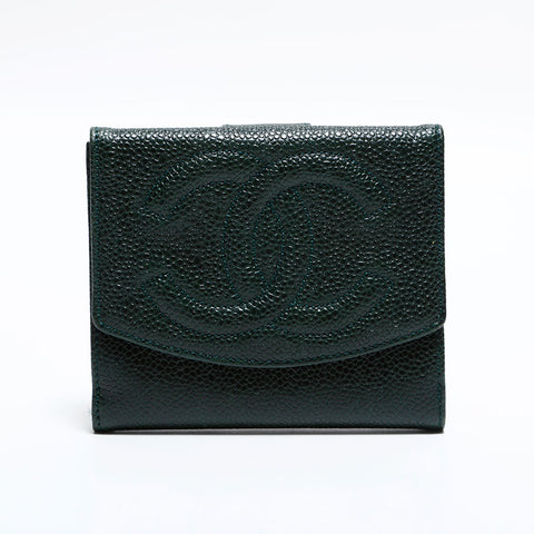 CHANEL No. 4 1996-1997 Caviar COCO Mark Bifold Wallet green WS22430