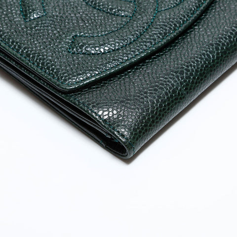 CHANEL No. 4 1996-1997 Caviar COCO Mark Bifold Wallet green WS22430