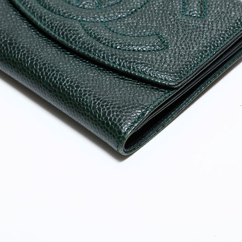 CHANEL No. 4 1996-1997 Caviar COCO Mark Bifold Wallet green WS22430