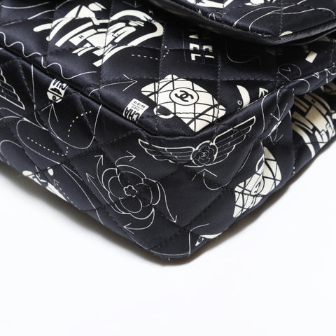 CHANEL 22 Series 2016-2017 Icon Motif Satin Matelasse Double Flap Shoulder Bag black WS22441