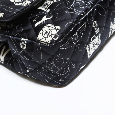 CHANEL 22 Series 2016-2017 Icon Motif Satin Matelasse Double Flap Shoulder Bag black WS22441