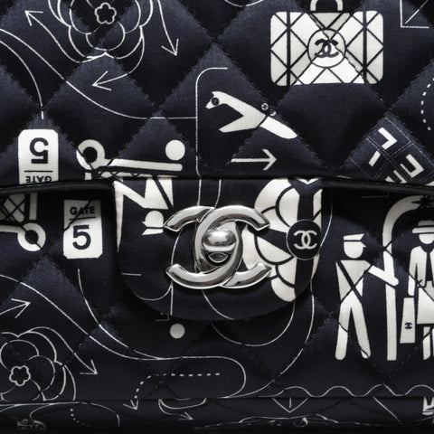 CHANEL 22 Series 2016-2017 Icon Motif Satin Matelasse Double Flap Shoulder Bag black WS22441