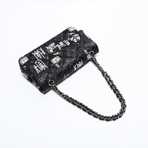 CHANEL 22 Series 2016-2017 Icon Motif Satin Matelasse Double Flap Shoulder Bag black WS22441