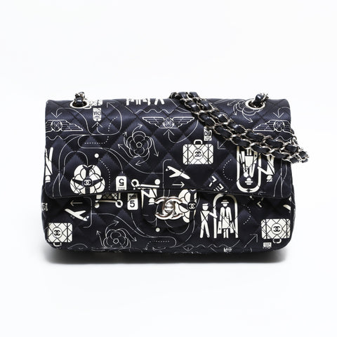 CHANEL 22 Series 2016-2017 Icon Motif Satin Matelasse Double Flap Shoulder Bag black WS22441